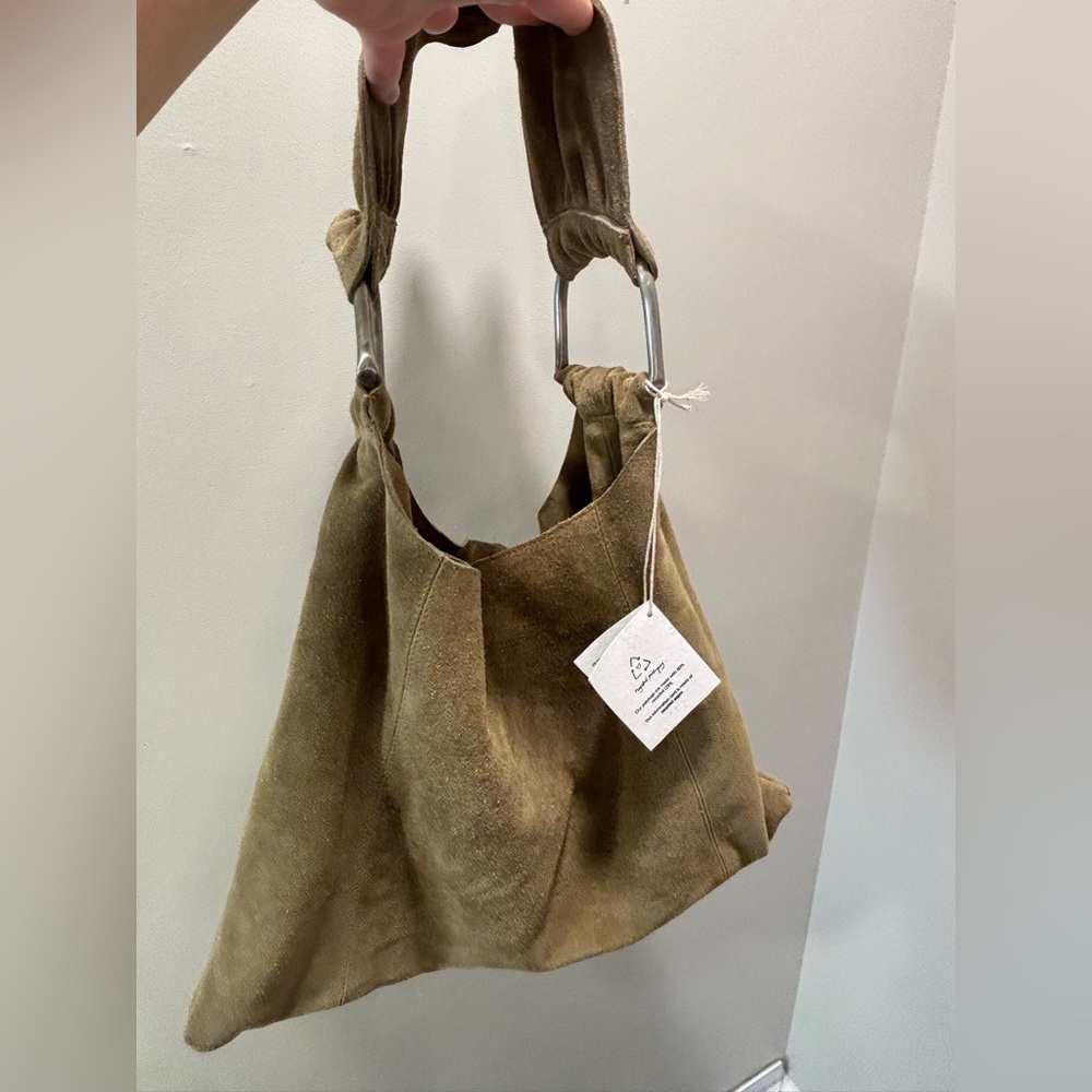 Free People Olive Suede Hobo with Metal Ring Handles